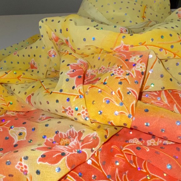 Long Sheer Sequin Yellow Orange Scarf, Wrap or Fabric Piece 66 x 42 in - Picture 5 of 7